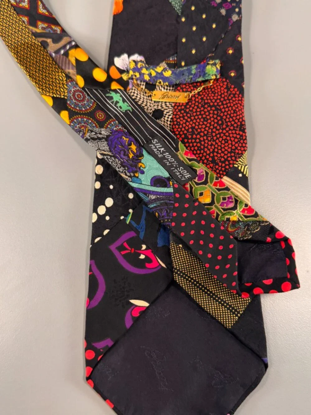 Vtg Brioni Necktie Multicolor Patchwork Geometric Print Made in Italy 100% Silk